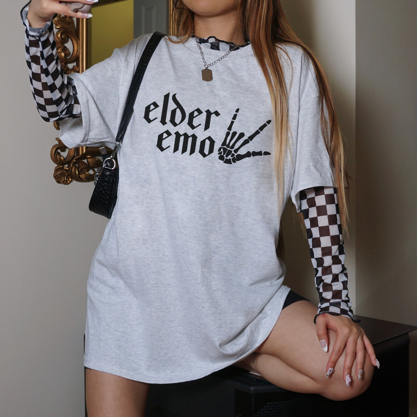 gray t-shirt with the words Elder Emo on the front