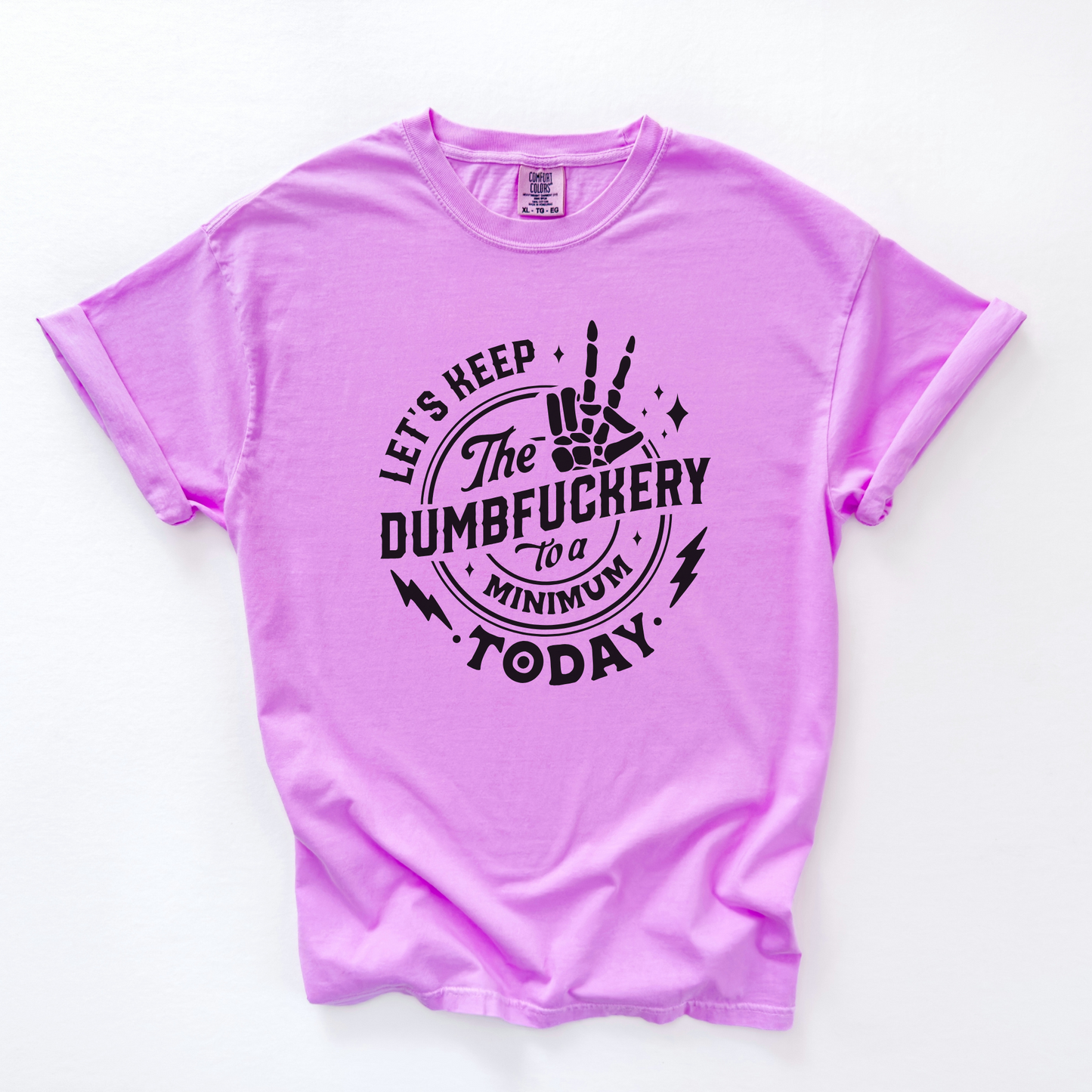 Purple t-shirt with black text and graphics on a white background