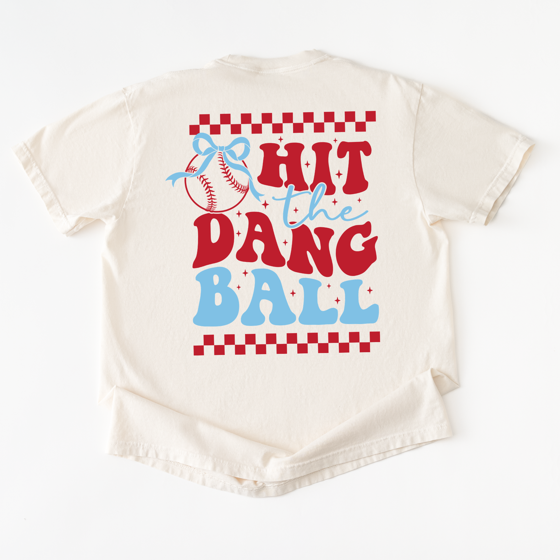White t-shirt with 'Hit the Dang Ball' text and baseball graphics on a white background