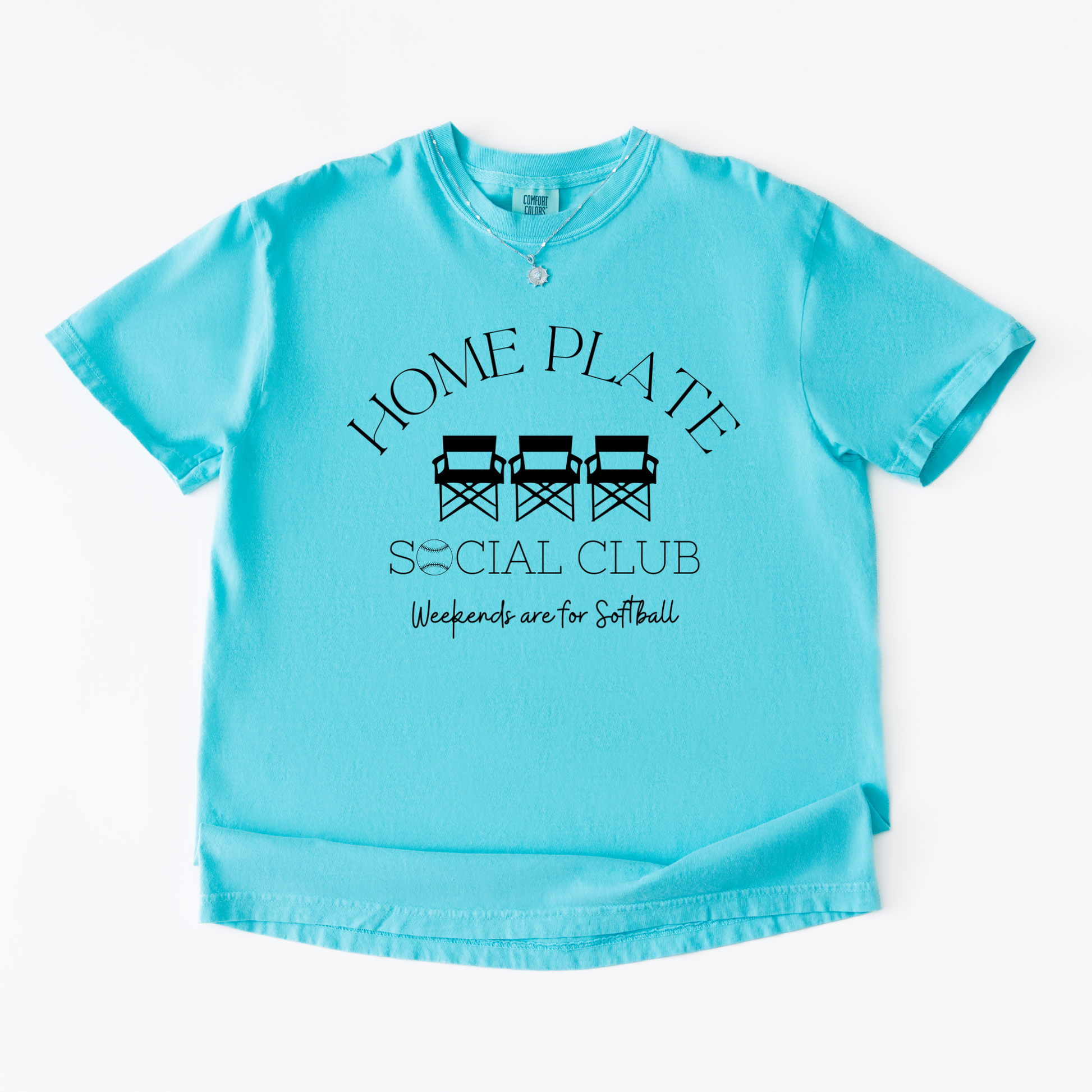 Light blue t-shirt with 'Home Plate Social Club' text and graphic on a white background