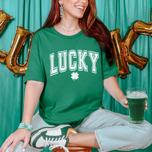 Green shirt with Lucky written in white. St. Patrick's Day shirt for women.