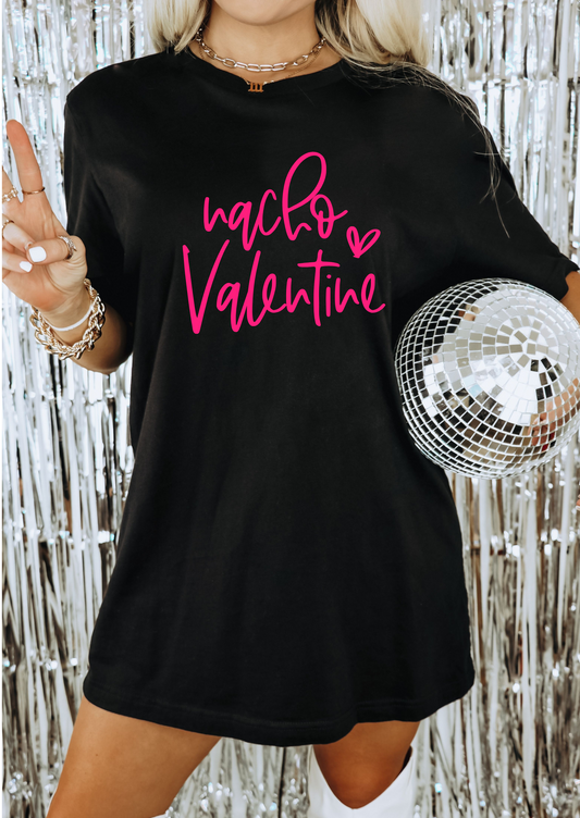 Black shirt for women with the word Nacho Valentine in neon pink