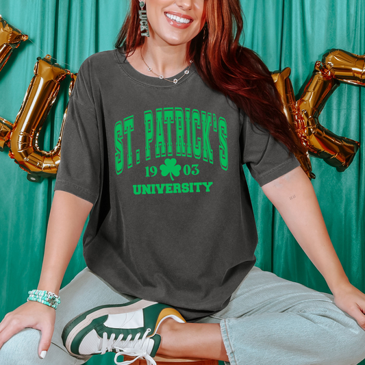 Gray shirt for said Patrick's Day "St Patrick's University" in green