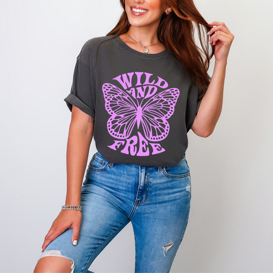 gray shirt that has a butter fly and the words wild and free in a retro font