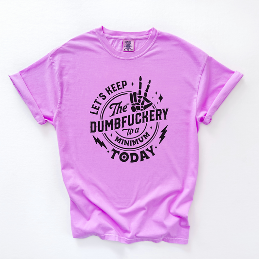 Purple t-shirt with black text and graphics on a white background