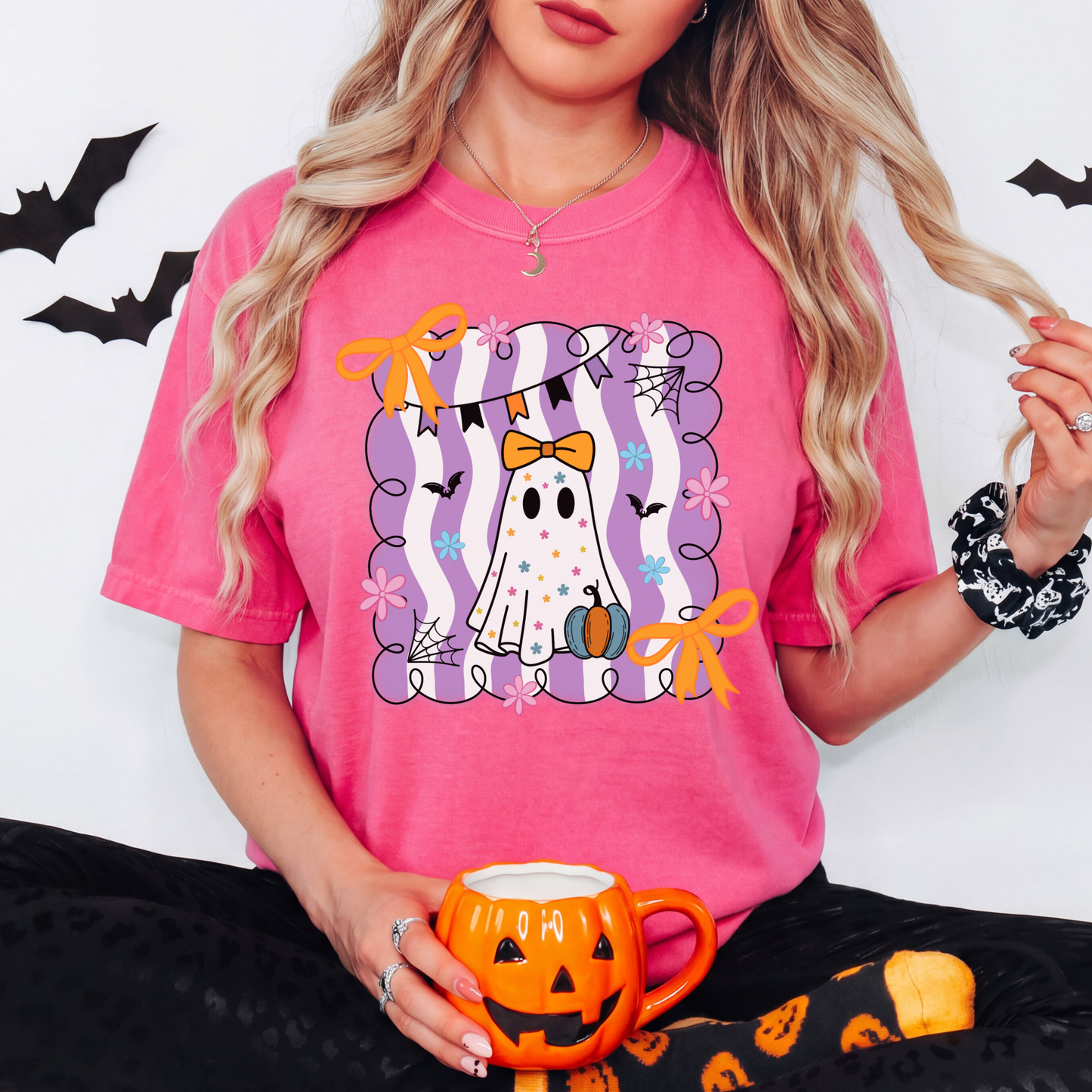 Trendy, Cute Ghost Halloween Shirt. Stripes And Bow